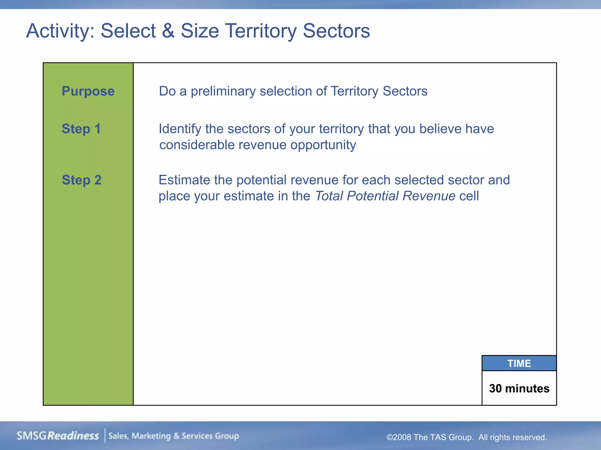 Activity: Select & Size Territory Sectors

    Purpose    Do a preliminary selection of Territory Sectors

    Step 1     Identify the sectors of your territory that you believe have
               considerable revenue opportunity

    Step 2     Estimate the potential revenue for each selected sector and
               place your estimate in the Total Potential Revenue cell




                                                                                     TIME

                                                                                 30 minutes



                                                       ©2008 The TAS Group. All rights reserved.
 