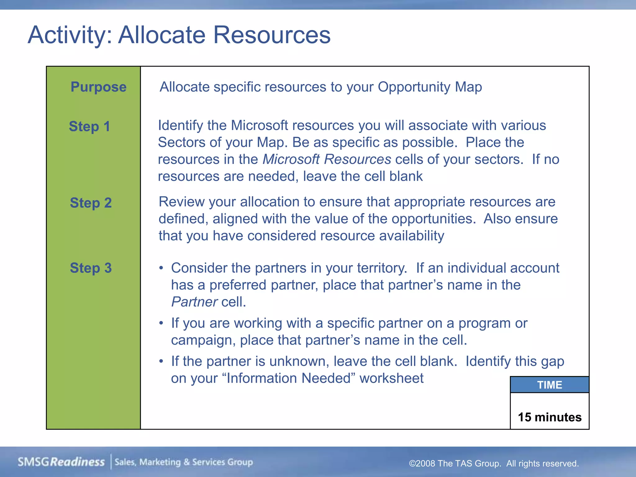 Activity: Allocate Resources
   Purpose   Allocate specific resources to your Opportunity Map

   Step 1    Identify the Microsoft resources you will associate with various
             Sectors of your Map. Be as specific as possible. Place the
             resources in the Microsoft Resources cells of your sectors. If no
             resources are needed, leave the cell blank
   Step 2    Review your allocation to ensure that appropriate resources are
             defined, aligned with the value of the opportunities. Also ensure
             that you have considered resource availability

   Step 3    • Consider the partners in your territory. If an individual account
               has a preferred partner, place that partner’s name in the
               Partner cell.
             • If you are working with a specific partner on a program or
               campaign, place that partner’s name in the cell.
             • If the partner is unknown, leave the cell blank. Identify this gap
               on your “Information Needed” worksheet                        TIME


                                                                                15 minutes


                                                      ©2008 The TAS Group. All rights reserved.
 