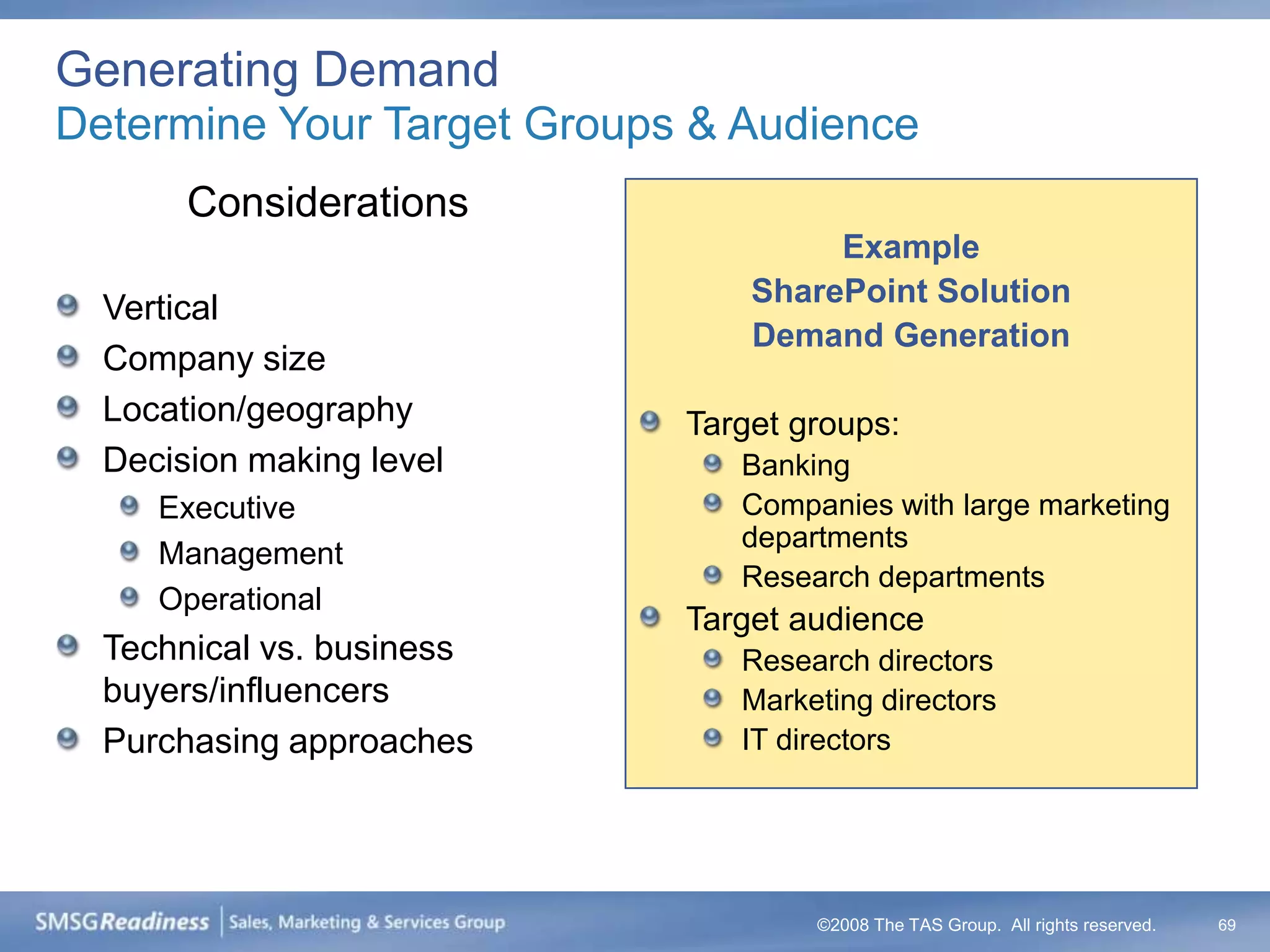 Generating Demand
Determine Your Target Groups & Audience
       Considerations
                                     Example
                                SharePoint Solution
  Vertical
                                Demand Generation
  Company size
  Location/geography        Target groups:
  Decision making level        Banking
     Executive                 Companies with large marketing
                               departments
     Management
                               Research departments
     Operational
                            Target audience
  Technical vs. business       Research directors
  buyers/influencers           Marketing directors
  Purchasing approaches        IT directors




                                    ©2008 The TAS Group. All rights reserved.   69
 