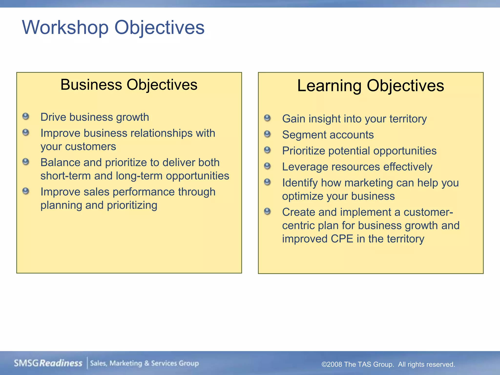 Workshop Objectives

     Business Objectives                     Learning Objectives
 Drive business growth                    Gain insight into your territory
 Improve business relationships with      Segment accounts
 your customers                           Prioritize potential opportunities
 Balance and prioritize to deliver both   Leverage resources effectively
 short-term and long-term opportunities
                                          Identify how marketing can help you
 Improve sales performance through        optimize your business
 planning and prioritizing
                                          Create and implement a customer-
                                          centric plan for business growth and
                                          improved CPE in the territory




                                                  ©2008 The TAS Group. All rights reserved.
 