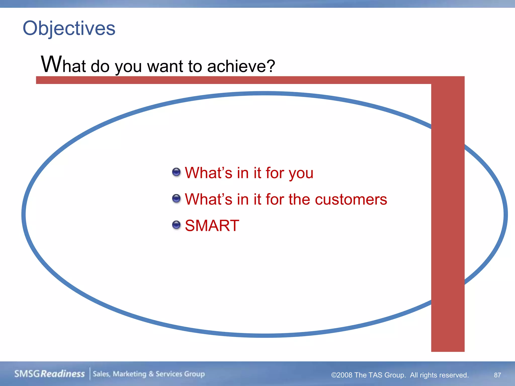Objectives
 What do you want to achieve?



                  What’s in it for you
                  What’s in it for the customers
                  SMART




                                         ©2008 The TAS Group. All rights reserved.   87
 