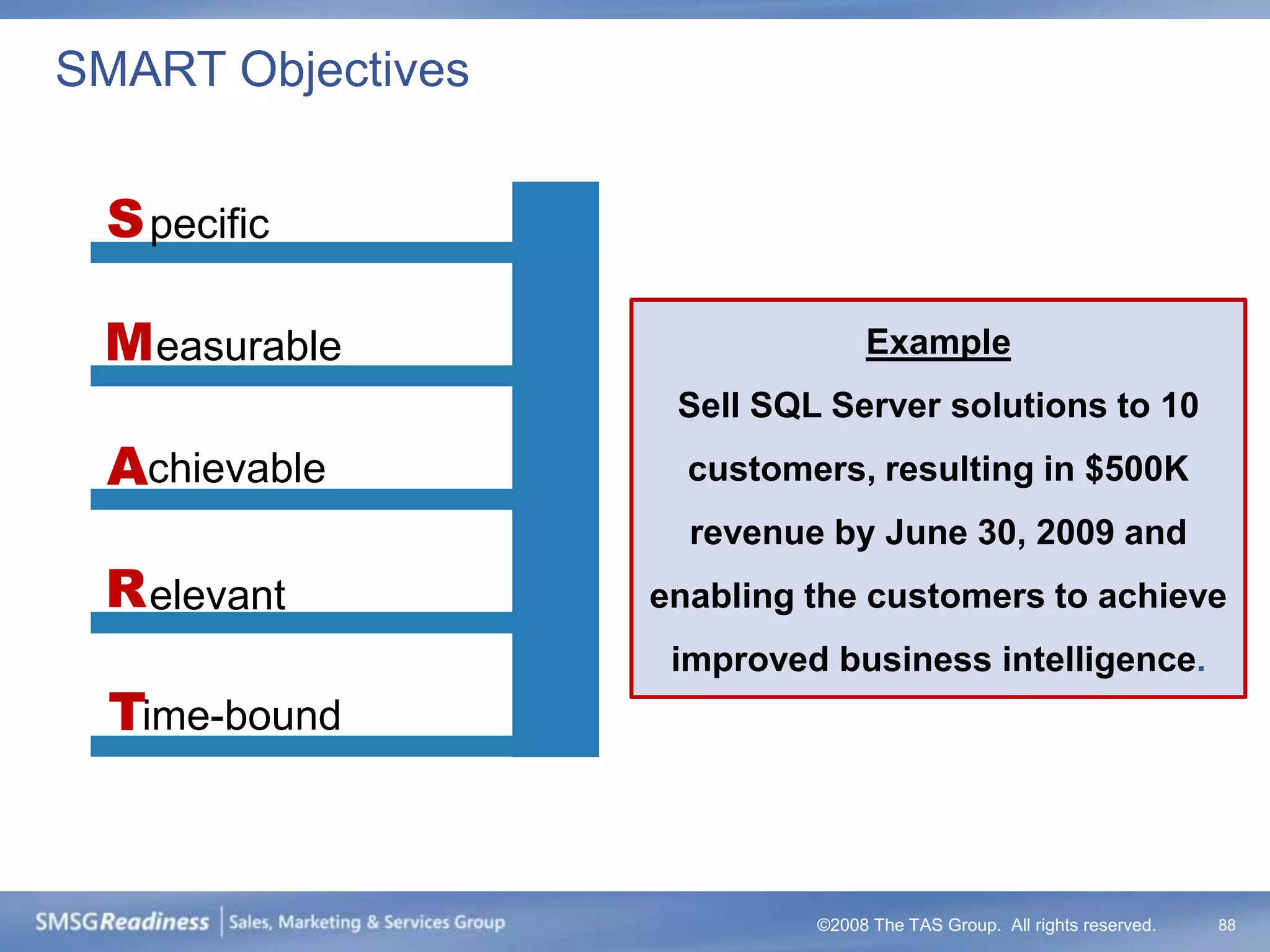 SMART Objectives


 S pecific

 M easurable                     Example
                    Sell SQL Server solutions to 10
 Achievable          customers, resulting in $500K
                     revenue by June 30, 2009 and
 R elevant         enabling the customers to achieve
                    improved business intelligence.
  Time-bound


                            ©2008 The TAS Group. All rights reserved.   88
 
