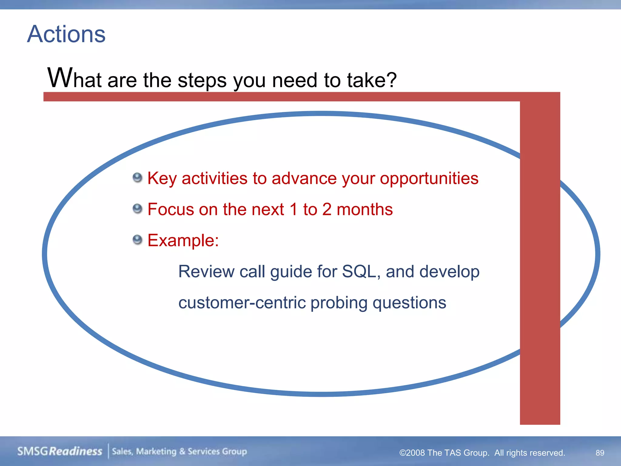 Actions
 What are the steps you need to take?


           Key activities to advance your opportunities
           Focus on the next 1 to 2 months
           Example:
               Review call guide for SQL, and develop
               customer-centric probing questions




                                             ©2008 The TAS Group. All rights reserved.   89
 