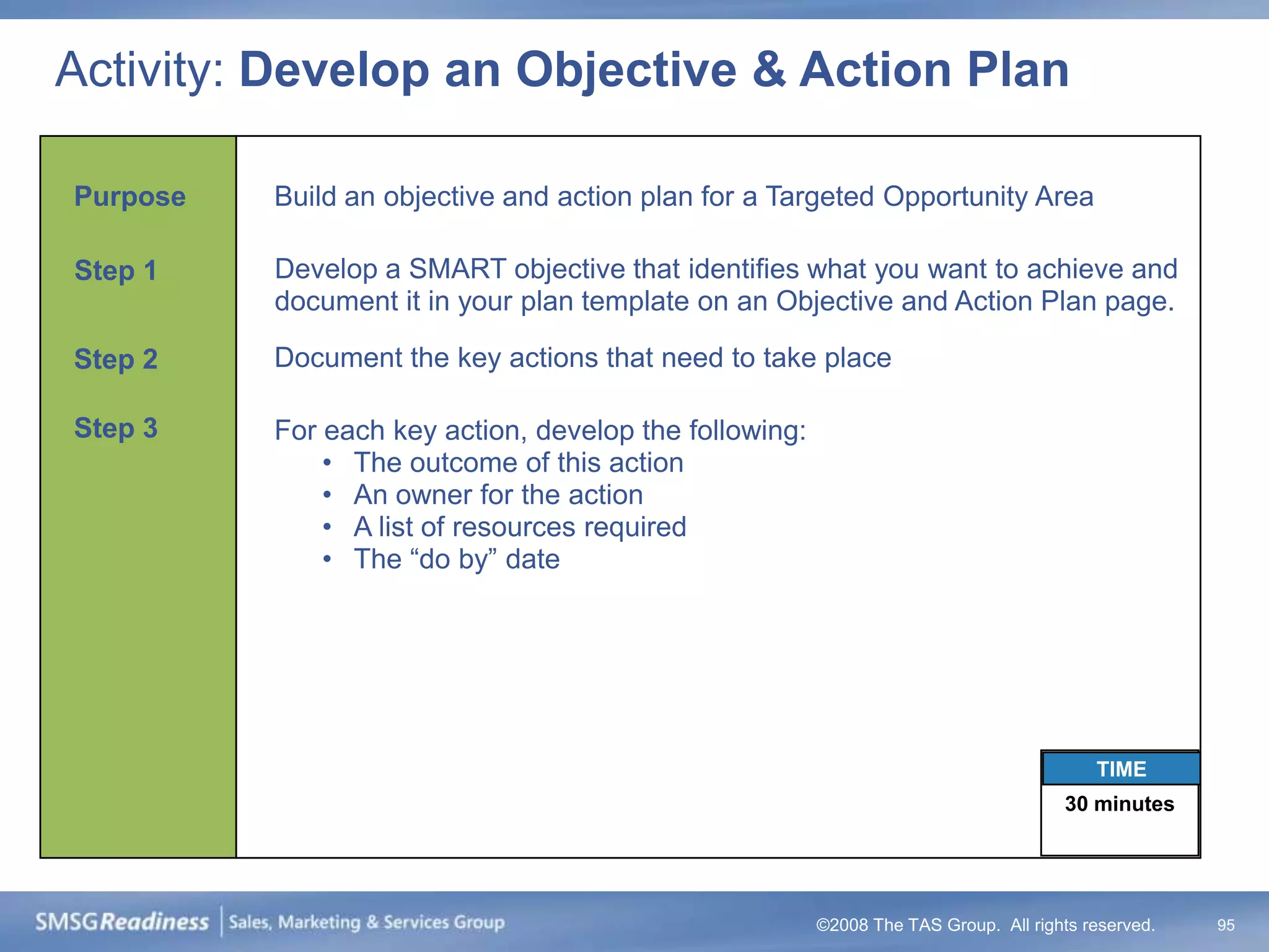 Activity: Develop an Objective & Action Plan

Purpose   Build an objective and action plan for a Targeted Opportunity Area

Step 1    Develop a SMART objective that identifies what you want to achieve and
          document it in your plan template on an Objective and Action Plan page.

Step 2    Document the key actions that need to take place

Step 3    For each key action, develop the following:
              • The outcome of this action
              • An owner for the action
              • A list of resources required
              • The “do by” date




                                                                                         TIME
                                                                                      30 minutes




                                                        ©2008 The TAS Group. All rights reserved.   95
 