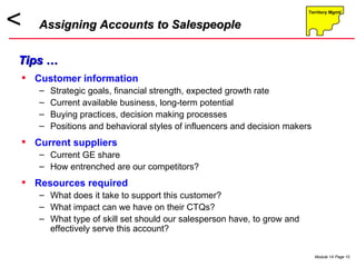 Customer information Strategic goals, financial strength, expected growth rate Current available business, long-term potential  Buying practices, decision making processes Positions and behavioral styles of influencers and decision makers Current suppliers Current GE share How entrenched are our competitors? Resources required What does it take to support this customer? What impact can we have on their CTQs? What type of skill set should our salesperson have, to grow and effectively serve this account? Assigning Accounts to Salespeople Tips … 