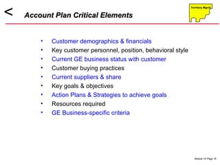 Account Plan Critical Elements Customer demographics & financials Key customer personnel, position, behavioral style Current GE business status with customer Customer buying practices Current suppliers & share Key goals & objectives Action Plans & Strategies to achieve goals Resources required GE Business-specific criteria 