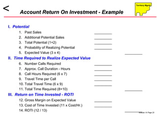 Account Return On Investment - Example I.  Potential 1.  Past Sales _________ 2.  Additional Potential Sales _________ 3.  Total Potential (1+2) _________ 4.  Probability of Realizing Potential _________ 5.  Expected Value (3 x 4) _________ II.  Time Required to Realize Expected Value 6.  Number Calls Required _________ 7.  Approx. Call Duration - Hours _________ 8.  Call Hours Required (6 x 7) _________ 9.  Travel Time per Call _________ 10. Total Travel Time (6 x 9) _________ 11. Total Time Required (8+10) _________ III.  Return on Time Invested - ROTI 12. Gross Margin on Expected Value _________ 13. Cost of Time Invested (11 x Cost/Hr.) _________ 14. ROTI (12 / 13) _________ 