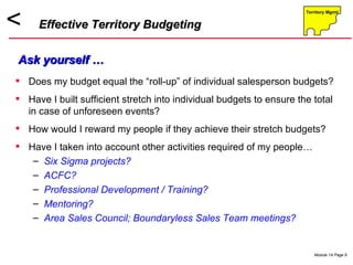 Does my budget equal the “roll-up” of individual salesperson budgets? Have I built sufficient stretch into individual budgets to ensure the total in case of unforeseen events? How would I reward my people if they achieve their stretch budgets? Have I taken into account other activities required of my people…  Six Sigma projects? ACFC? Professional Development / Training? Mentoring? Area Sales Council; Boundaryless Sales Team meetings? Effective Territory Budgeting Ask yourself … 