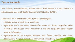 Tipos de segregação

Por: Etnias, nacionalidades, classes sociais. Esta última é a que domina a
estruturação das metrópoles brasileiras (VILLAÇA, 2001).
Lojikine (1997) identificou três tipos de segregação:
• oposição entre o centro e a periferia;
• separação cada vez mais acentuadas entre as áreas ocupadas pelas
moradias das classes mais populares e aquelas ocupadas pelas classes

mais privilegiadas;
• separação entre as funções urbanas, que ficam contidas em zonas

destinadas a funções específicas (comercial, industrial, resdencial, etc.).

 