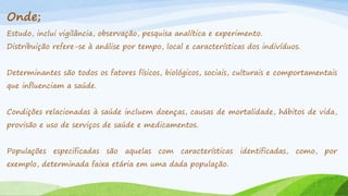 Onde;
Estudo, inclui vigilância, observação, pesquisa analítica e experimento.
Distribuição refere-se à análise por tempo, local e características dos indivíduos.

Determinantes são todos os fatores físicos, biológicos, sociais, culturais e comportamentais
que influenciam a saúde.

Condições relacionadas à saúde incluem doenças, causas de mortalidade, hábitos de vida,
provisão e uso de serviços de saúde e medicamentos.
Populações especificadas são aquelas com características
exemplo, determinada faixa etária em uma dada população.

identificadas, como, por

 