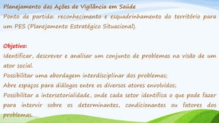 Planejamento das Ações de Vigilância em Saúde
Ponto de partida: reconhecimento e esquadrinhamento do território para
um PES (Planejamento Estratégico Situacional).
Objetivo:
Identificar, descrever e analisar um conjunto de problemas na visão de um
ator social.

Possibilitar uma abordagem interdisciplinar dos problemas;
Abre espaços para diálogos entre os diversos atores envolvidos;
Possibilitar a intersetorialidade, onde cada setor identifica o que pode fazer
para intervir sobre os determinantes, condicionantes ou fatores dos
problemas.

 