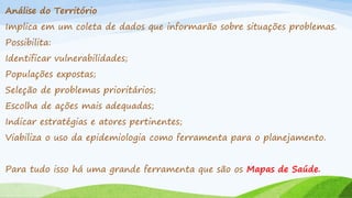 Análise do Território
Implica em um coleta de dados que informarão sobre situações problemas.
Possibilita:
Identificar vulnerabilidades;
Populações expostas;
Seleção de problemas prioritários;
Escolha de ações mais adequadas;

Indicar estratégias e atores pertinentes;
Viabiliza o uso da epidemiologia como ferramenta para o planejamento.
Para tudo isso há uma grande ferramenta que são os Mapas de Saúde.

 