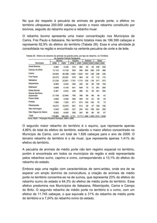 No que diz respeito à pecuária de animais de grande porte, o efetivo no
território ultrapassa 200.000 cabeças, sendo o maior rebanho constituído por
bovinos, seguido do rebanho equino e rebanho muar.
O rebanho bovino apresenta uma maior concentração nos Municípios de
Carira, Frei Paulo e Itabaiana. No território totaliza mais de 186.590 cabeças e
representa 92,9% do efetivo do território (Tabela 28). Essa é uma atividade já
consolidada na região e encontrada na vertente pecuária de corte e de leite.
O segundo maior rebanho do território é o equino, que representa apenas
4,86% do total do efetivo do território, estando o maior efetivo concentrado no
Município de Carira, com um total de 1.826 cabeças para o ano de 2009. O
terceiro rebanho do território é o de muar, que representa apenas 1,41% do
efetivo do território.
A pecuária de animais de médio porte não tem registro espacial no território,
porém é encontrada em todos os municípios da região e está representada
pelos rebanhos suíno, caprino e ovino, correspondendo a 13,1% do efetivo do
rebanho do estado.
Embora seja uma região com características de semi-aridez, onde era de se
esperar um amplo domínio da ovinocultura, a criação de animais de médio
porte no território concentra-se na de suínos, que representa 23% do efetivo do
rebanho suíno do estado e 64,3% do efetivo de médio porte do território. Esse
efetivo predomina nos Municípios de Itabaiana, Ribeirópolis, Carira e Campo
do Brito. O segundo rebanho de médio porte no território é o ovino, com um
efetivo de 11.745 cabeças, o que equivale a 31% do rebanho de médio porte
do território e a 7,24% do rebanho ovino do estado.
 