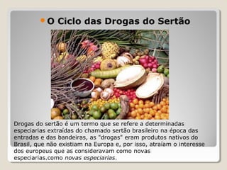 O Ciclo das Drogas do Sertão
Drogas do sertão é um termo que se refere a determinadas
especiarias extraídas do chamado sertão brasileiro na época das
entradas e das bandeiras, as "drogas" eram produtos nativos do
Brasil, que não existiam na Europa e, por isso, atraíam o interesse
dos europeus que as consideravam como novas
especiarias.como novas especiarias.
 