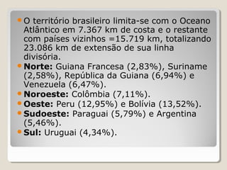 O território brasileiro limita-se com o Oceano
Atlântico em 7.367 km de costa e o restante
com países vizinhos =15.719 km, totalizando
23.086 km de extensão de sua linha
divisória.
Norte: Guiana Francesa (2,83%), Suriname
(2,58%), República da Guiana (6,94%) e
Venezuela (6,47%).
Noroeste: Colômbia (7,11%).
Oeste: Peru (12,95%) e Bolívia (13,52%).
Sudoeste: Paraguai (5,79%) e Argentina
(5,46%).
Sul: Uruguai (4,34%).
 