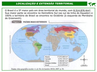 LOCALIZAÇÃO E EXTENSÃO TERRITORIAL
O Brasil é o 5º maior país em área territorial do mundo, com 8.514.876 Km².
Sua maior parte se encontra no Hemisfério Sul (ao sul da linha do Equador) e
100% o território do Brasil se encontra no Ocidente (à esquerda do Meridiano
de Greenwich).

 