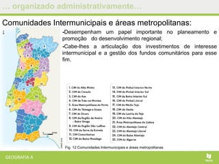 … organizado administrativamente…
Comunidades Intermunicipais e áreas metropolitanas:
-Desempenham um papel importante no planeamento e
promoção do desenvolvimento regional;
-Cabe-lhes a articulação dos investimentos de interesse
intermunicipal e a gestão dos fundos comunitários para esse
fim.
Fig. 12:Comunidades Intermunicipais e áreas metropolitanas
 