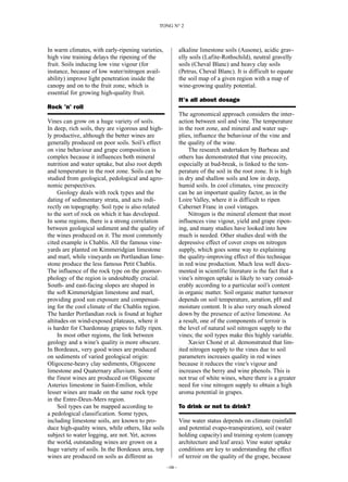 alkaline limestone soils (Ausone), acidic grav-
elly soils (Lafite-Rothschild), neutral gravelly
soils (Cheval Blanc) and heavy clay soils
(Petrus, Cheval Blanc). It is difficult to equate
the soil map of a given region with a map of
wine-growing quality potential.
It’s all about dosage
The agronomical approach considers the inter-
action between soil and vine. The temperature
in the root zone, and mineral and water sup-
plies, influence the behaviour of the vine and
the quality of the wine.
The research undertaken by Barbeau and
others has demonstrated that vine precocity,
especially at bud-break, is linked to the tem-
perature of the soil in the root zone. It is high
in dry and shallow soils and low in deep,
humid soils. In cool climates, vine precocity
can be an important quality factor, as in the
Loire Valley, where it is difficult to ripen
Cabernet Franc in cool vintages.
Nitrogen is the mineral element that most
influences vine vigour, yield and grape ripen-
ing, and many studies have looked into how
much is needed. Other studies deal with the
depressive effect of cover crops on nitrogen
supply, which goes some way to explaining
the quality-improving effect of this technique
in red wine production. Much less well docu-
mented in scientific literature is the fact that a
vine’s nitrogen uptake is likely to vary consid-
erably according to a particular soil’s content
in organic matter. Soil organic matter turnover
depends on soil temperature, aeration, pH and
moisture content. It is also very much slowed
down by the presence of active limestone. As
a result, one of the components of terroir is
the level of natural soil nitrogen supply to the
vines; the soil types make this highly variable.
Xavier Choné et al. demonstrated that lim-
ited nitrogen supply to the vines due to soil
parameters increases quality in red wines
because it reduces the vine’s vigour and
increases the berry and wine phenols. This is
not true of white wines, where there is a greater
need for vine nitrogen supply to obtain a high
aroma potential in grapes.
To drink or not to drink?
Vine water status depends on climate (rainfall
and potential evapo-transpiration), soil (water
holding capacity) and training system (canopy
architecture and leaf area). Vine water uptake
conditions are key to understanding the effect
of terroir on the quality of the grape, because
–08 –
TONG N° 2
In warm climates, with early-ripening varieties,
high vine training delays the ripening of the
fruit. Soils inducing low vine vigour (for
instance, because of low water/nitrogen avail-
ability) improve light penetration inside the
canopy and on to the fruit zone, which is
essential for growing high-quality fruit.
Rock ’n’ roll
Vines can grow on a huge variety of soils.
In deep, rich soils, they are vigorous and high-
ly productive, although the better wines are
generally produced on poor soils. Soil’s effect
on vine behaviour and grape composition is
complex because it influences both mineral
nutrition and water uptake, but also root depth
and temperature in the root zone. Soils can be
studied from geological, pedological and agro-
nomic perspectives.
Geology deals with rock types and the
dating of sedimentary strata, and acts indi-
rectly on topography. Soil type is also related
to the sort of rock on which it has developed.
In some regions, there is a strong correlation
between geological sediment and the quality of
the wines produced on it. The most commonly
cited example is Chablis. All the famous vine-
yards are planted on Kimmeridgian limestone
and marl, while vineyards on Portlandian lime-
stone produce the less famous Petit Chablis.
The influence of the rock type on the geomor-
phology of the region is undoubtedly crucial.
South- and east-facing slopes are shaped in
the soft Kimmeridgian limestone and marl,
providing good sun exposure and compensat-
ing for the cool climate of the Chablis region.
The harder Portlandian rock is found at higher
altitudes on wind-exposed plateaux, where it
is harder for Chardonnay grapes to fully ripen.
In most other regions, the link between
geology and a wine’s quality is more obscure.
In Bordeaux, very good wines are produced
on sediments of varied geological origin:
Oligocene-heavy clay sediments, Oligocene
limestone and Quaternary alluvium. Some of
the finest wines are produced on Oligocene
Asteries limestone in Saint-Emilion, while
lesser wines are made on the same rock type
in the Entre-Deux-Mers region.
Soil types can be mapped according to
a pedological classification. Some types,
including limestone soils, are known to pro-
duce high-quality wines, while others, like soils
subject to water logging, are not. Yet, across
the world, outstanding wines are grown on a
huge variety of soils. In the Bordeaux area, top
wines are produced on soils as different as
 