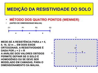 MEDIÇÃO DA RESISTIVIDADE DO SOLO
• MÉTODO DOS QUATRO PONTOS (WENNER)
•

(ANTES DE DIMENSIONAR MALHA)

MEDE-SE A RESISTÊNCIA PARA a = 4,
8, 16, 32 m ... EM DOIS EIXOS
ORTOGONAIS. A RESISTIVODADE É
DADA POR ρ = 2 π R
A ANÁLISE DOS VALORES OBTIDOS
PERMITE DEFINIR SE O SOLO É
HOMOGÊNEO OU SE DEVE SER
MODELADO EM CAMADAS, PARA O
DIMENSIONAMENTO DA MALHA.

 
