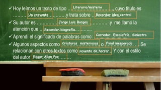 Hoy leímos un texto de tipo …………………………., cuyo título es
………………………………y trata sobre ………..….......
Su autor es …………………………………………..y me llamó la
atención que ……………………………...
Aprendí el significado de palabras como: …........................
Algunos aspectos como …………………….. o ……………….. ….Se
relacionan con otros textos como ………………….. Y con el estilo
del autor ………………………
Literario/misterio
Un creyente
Jorge Luis Borges
Recordar biografía
Corredor. Escalofrío. Siniestro
Recordar idea central
Edgar Allan Poe
Final inesperadoCriaturas misteriosas
«cuento de horror
 