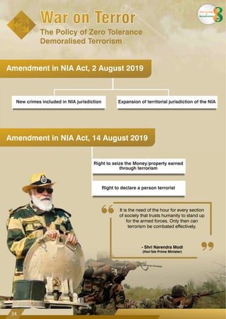 Amendment in NIA Act, 14 August 2019
34
War on Terror
War on Terror
The Policy of Zero Tolerance
Demoralised Terrorism
Amendment in NIA Act, 2 August 2019
New crimes included in NIA jurisdiction Expansion of territorial jurisdiction of the NIA
Right to seize the Money/property earned
through terrorism
Right to declare a person terrorist
It is the need of the hour for every section
of society that trusts humanity to stand up
for the armed forces. Only then can
terrorism be combated effectively.
From Aspiration
to
Accomplishment
years
- Shri Narendra Modi
(Hon’ble Prime Minister)
 