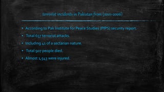 terrorist incidents in Pakistan from (2001-2006)
▪ According to Pak Institute for Peace Studies (PIPS) security report.
▪ Total 657 terrorist attacks.
▪ Including 41 of a sectarian nature.
▪ Total 907 people died.
▪ Almost 1,543 were injured.
 
