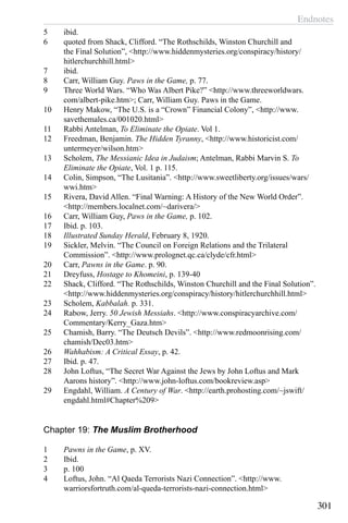 Endnotes
301
5	 ibid.
6	 quoted from Shack, Clifford. “The Rothschilds, Winston Churchill and
the Final Solution”, <http://www.hiddenmysteries.org/conspiracy/history/
hitlerchurchhill.html>
7	 ibid.
8	 Carr, William Guy. Paws in the Game, p. 77.
9	 Three World Wars. “Who Was Albert Pike?” <http://www.threeworldwars.
com/albert-pike.htm>; Carr, William Guy. Paws in the Game.
10	 Henry Makow, “The U.S. is a “Crown” Financial Colony”, <http://www.
savethemales.ca/001020.html>
11	 Rabbi Antelman, To Eliminate the Opiate. Vol 1.
12	 Freedman, Benjamin. The Hidden Tyranny, <http://www.historicist.com/
untermeyer/wilson.htm>
13	 Scholem, The Messianic Idea in Judaism; Antelman, Rabbi Marvin S. To
Eliminate the Opiate, Vol. 1 p. 115.
14	 Colin, Simpson, “The Lusitania”. <http://www.sweetliberty.org/issues/wars/
wwi.htm>
15	 Rivera, David Allen. “Final Warning: A History of the New World Order”.
<http://members.localnet.com/~darivera/>
16	 Carr, William Guy, Paws in the Game, p. 102.
17	 Ibid. p. 103.
18	 Illustrated Sunday Herald, February 8, 1920.
19	 Sickler, Melvin. “The Council on Foreign Relations and the Trilateral
Commission”. <http://www.prolognet.qc.ca/clyde/cfr.html>
20	 Carr, Pawns in the Game. p. 90.
21	 Dreyfuss, Hostage to Khomeini, p. 139-40
22	 Shack, Clifford. “The Rothschilds, Winston Churchill and the Final Solution”.
<http://www.hiddenmysteries.org/conspiracy/history/hitlerchurchhill.html>
23	 Scholem, Kabbalah. p. 331.
24	 Rabow, Jerry. 50 Jewish Messiahs. <http://www.conspiracyarchive.com/
Commentary/Kerry_Gaza.htm>
25	 Chamish, Barry. “The Deutsch Devils”. <http://www.redmoonrising.com/
chamish/Dec03.htm>
26	 Wahhabism: A Critical Essay, p. 42.
27	 Ibid. p. 47.
28	 John Loftus, “The Secret War Against the Jews by John Loftus and Mark
Aarons history”. <http://www.john-loftus.com/bookreview.asp>
29	 Engdahl, William. A Century of War. <http://earth.prohosting.com/~jswift/
engdahl.html#Chapter%209>
Chapter 19: The Muslim Brotherhood
1	 Pawns in the Game, p. XV.
2	 Ibid.
3	 p. 100
4	 Loftus, John. “Al Qaeda Terrorists Nazi Connection”. <http://www.
warriorsfortruth.com/al-queda-terrorists-nazi-connection.html>
 