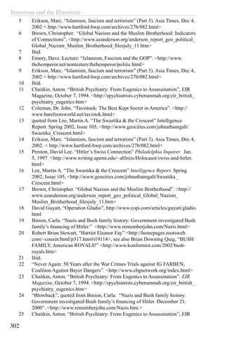 Terrorism and the Illuminati
302
5	 Erikson, Marc. “Islamism, fascism and terrorism” (Part 3). Asia Times, Dec 4,
2002 < http://www.hartford-hwp.com/archives/27b/082.html>
6	 Brown, Christopher. “Global Nazism and the Muslim Brotherhood: Indicators
of Connections”, <http://www.azanderson.org/anderson_report_geo_political_
Global_Nazism_Muslim_Brotherhood_filesjuly_11.htm>
7	 Ibid.
8	 Emory, Dave. Lecture: “Islamism, Fascism and the GOP”. <http://www.
thehemperor.net/nontesters/thehemperor/politic.html>
9	 Erikson, Marc. “Islamism, fascism and terrorism” (Part 3). Asia Times, Dec 4,
2002 < http://www.hartford-hwp.com/archives/27b/082.html>
10	 Ibid.
11	 Chaitkin, Anton. “British Psychiatry: From Eugenics to Assassination”, EIR
Magazine, October 7, 1994. <http://spychiatrists.cyberummah.org/eir_british_
psychiatry_eugenics.htm>
12	 Coleman, Dr. John. “Tavistock: The Best Kept Secret in America”. <http://
www.barefootsworld.net/tavistok.html>
13	 quoted from Lee, Martin A. “The Swastika & the Crescent” Intelligence
Report. Spring 2002, Issue 105, <http://www.geocities.com/johnathanrgalt/
Swastika_Crescent.html>
14	 Erikson, Marc. “Islamism, fascism and terrorism” (Part 3). Asia Times, Dec 4,
2002. < http://www.hartford-hwp.com/archives/27b/082.html>
15	 Preston, David Lee. “Hitler’s Swiss Connection” Philadelphia Inquirer. Jan.
5, 1997. <http://www.writing.upenn.edu/~afilreis/Holocaust/swiss-and-hitler.
html>
16	 Lee, Martin A. “The Swastika & the Crescent” Intelligence Report. Spring
2002, Issue 105, <http://www.geocities.com/johnathanrgalt/Swastika_
Crescent.html>
17	 Brown, Christopher. “Global Nazism and the Muslim Brotherhood”. <http://
www.azanderson.org/anderson_report_geo_political_Global_Nazism_
Muslim_Brotherhood_filesjuly_11.htm>
18	 David Guyatt, “Operation Gladio”, http://www.copi.com/articles/guyatt/gladio.
html
19	 Binion, Carla. “Nazis and Bush family history: Government investigated Bush
family’s financing of Hitler.”  <http://www.rememberjohn.com/Nazis.html>
20	 Robert Brian Stewart, “Harriet Eleanor Fay” <http://homepages.rootsweb.
com/~cousin/html/p317.htm#i19114>, see also Brian Downing Quig, “BUSH
FAMILY, American ROYALS!” <http://www.konformist.com/2002/bush-
royals.htm>
21	 Ibid.
22	 “Never Again: 50 Years after the War Crimes Trials against IG FARBEN,
Coalition Against Bayer Dangers”. <http://www.cbgnetwork.org/index.html>
23	 Chaitkin, Anton. “British Psychiatry: From Eugenics to Assassination”. EIR
Magazine, October 7, 1994. <http://spychiatrists.cyberummah.org/eir_british_
psychiatry_eugenics.htm>
24	 “Blowback”, quoted from Binion, Carla. “Nazis and Bush family history:
Government investigated Bush family’s financing of Hitler. December 21,
2000”. <http://www.rememberjohn.com/Nazis.htm.>
25	 Chaitkin, Anton. “British Psychiatry: From Eugenics to Assassination”, EIR
 
