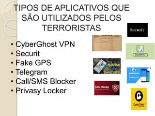 TIPOS DE APLICATIVOS QUE
SÃO UTILIZADOS PELOS
TERRORISTAS
• CyberGhost VPN
• Securit
• Fake GPS
• Telegram
• Call/SMS Blocker
• Privasy Locker
 