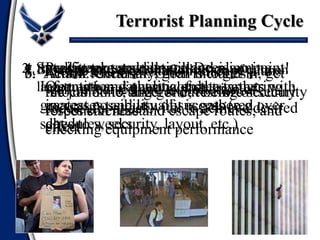 2. Intelligence and surveillance:
Information gathering on the targets with
greatest possibility of success (e.g.,
schedules, security, layout, etc.)
3. Specific target selection: Decision point!6. Action: Generally, goal is to get in, get
the job done, and get out before security
forces can react
1.Broad target selection: Collection of data on
large number of potential targets
7. Escape and exploitation: Escape plans
well rehearsed and exploitation of
successful attack vital to achieve desired
effect
4. Pre-attack surveillance and planning:
Quantity and quality of data gathering
increases, and usually is gathered over
days to weeks
5. Attack rehearsal: Often includes
relocation to target site, testing of security
responsiveness and escape routes, and
checking equipment performance
Terrorist Planning Cycle
 