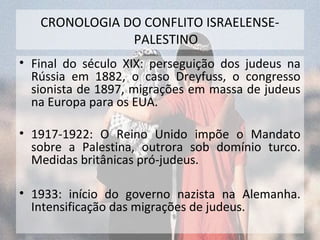 CRONOLOGIA DO CONFLITO ISRAELENSE-PALESTINO 
• Final do século XIX: perseguição dos judeus na 
Rússia em 1882, o caso Dreyfuss, o congresso 
sionista de 1897, migrações em massa de judeus 
na Europa para os EUA. 
• 1917-1922: O Reino Unido impõe o Mandato 
sobre a Palestina, outrora sob domínio turco. 
Medidas britânicas pró-judeus. 
• 1933: início do governo nazista na Alemanha. 
Intensificação das migrações de judeus. 
 