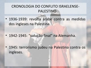 CRONOLOGIA DO CONFLITO ISRAELENSE-PALESTINO 
• 1936-1939: revolta árabe contra as medidas 
dos ingleses na Palestina. 
• 1942-1945: “solução final” na Alemanha. 
• 1945: terrorismo judeu na Palestina contra os 
ingleses. 
 