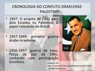 CRONOLOGIA DO CONFLITO ISRAELENSE-PALESTINO 
• 1947: O projeto da ONU para 
dois Estados na Palestina. O 
papel relevante do Brasil. 
• 1947-1949: primeira guerra 
árabe-israelense. 
• 1956-1957: guerra de Suez. 
Força de paz da ONU, 
contando com participação 
brasileira. Imagem em: 
http://content.time.com/time/covers/0,16641 
,19580728,00.html 
 
