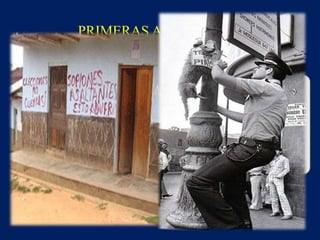 PRIMERAACCIÓN
"ARMADA"
• DESTRUCCIÓN
DE ÁNFORAS DE
VOTACIÓN EN
AYACUCHO
DURANTE LAS
ELECCIONES DE
1980.
SEGUNDAACCIÓN
"ARMADA"
• EL PERÚ SE
CONVIRTIÓ EN
AÑOS DE
MUERTE, CON
MATANZAS DE
AQUELLAS
COMUNIDADES
ANDINAS QUE
NO SE CEÑÍAN A
LA RIGIDEZ
CRUEL DEL
MAOÍSMO DE
GONZALO.
TERCERAACCIÓN
"ARMADA"
• LA POBLACIÓN
DE LIMA
AMANECIÓ
ENTRE
TEMEROSA :
SENDERO HABÍA
COLGADO
PERROS
MUERTOS EN
VARIOS POSTES
DE LUZ CON
CARTELONES.
PRIMERAS APARICIONES
 
