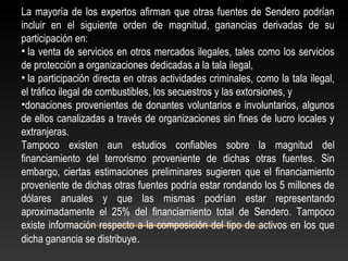 La mayoría de los expertos afirman que otras fuentes de Sendero podrían 
incluir en el siguiente orden de magnitud, ganancias derivadas de su 
participación en: 
• la venta de servicios en otros mercados ilegales, tales como los servicios 
de protección a organizaciones dedicadas a la tala ilegal, 
• la participación directa en otras actividades criminales, como la tala ilegal, 
el tráfico ilegal de combustibles, los secuestros y las extorsiones, y 
•donaciones provenientes de donantes voluntarios e involuntarios, algunos 
de ellos canalizadas a través de organizaciones sin fines de lucro locales y 
extranjeras. 
Tampoco existen aun estudios confiables sobre la magnitud del 
financiamiento del terrorismo proveniente de dichas otras fuentes. Sin 
embargo, ciertas estimaciones preliminares sugieren que el financiamiento 
proveniente de dichas otras fuentes podría estar rondando los 5 millones de 
dólares anuales y que las mismas podrían estar representando 
aproximadamente el 25% del financiamiento total de Sendero. Tampoco 
existe información respecto a la composición del tipo de activos en los que 
dicha ganancia se distribuye. 
 