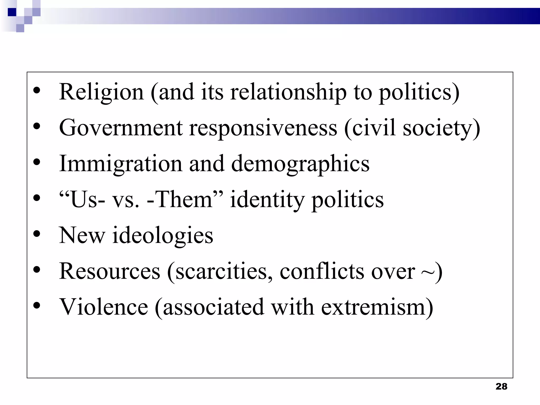 •   Religion (and its relationship to politics)
•   Government responsiveness (civil society)
•   Immigration and demographics
•   “Us- vs. -Them” identity politics
•   New ideologies
•   Resources (scarcities, conflicts over ~)
•   Violence (associated with extremism)


                                                  28
 