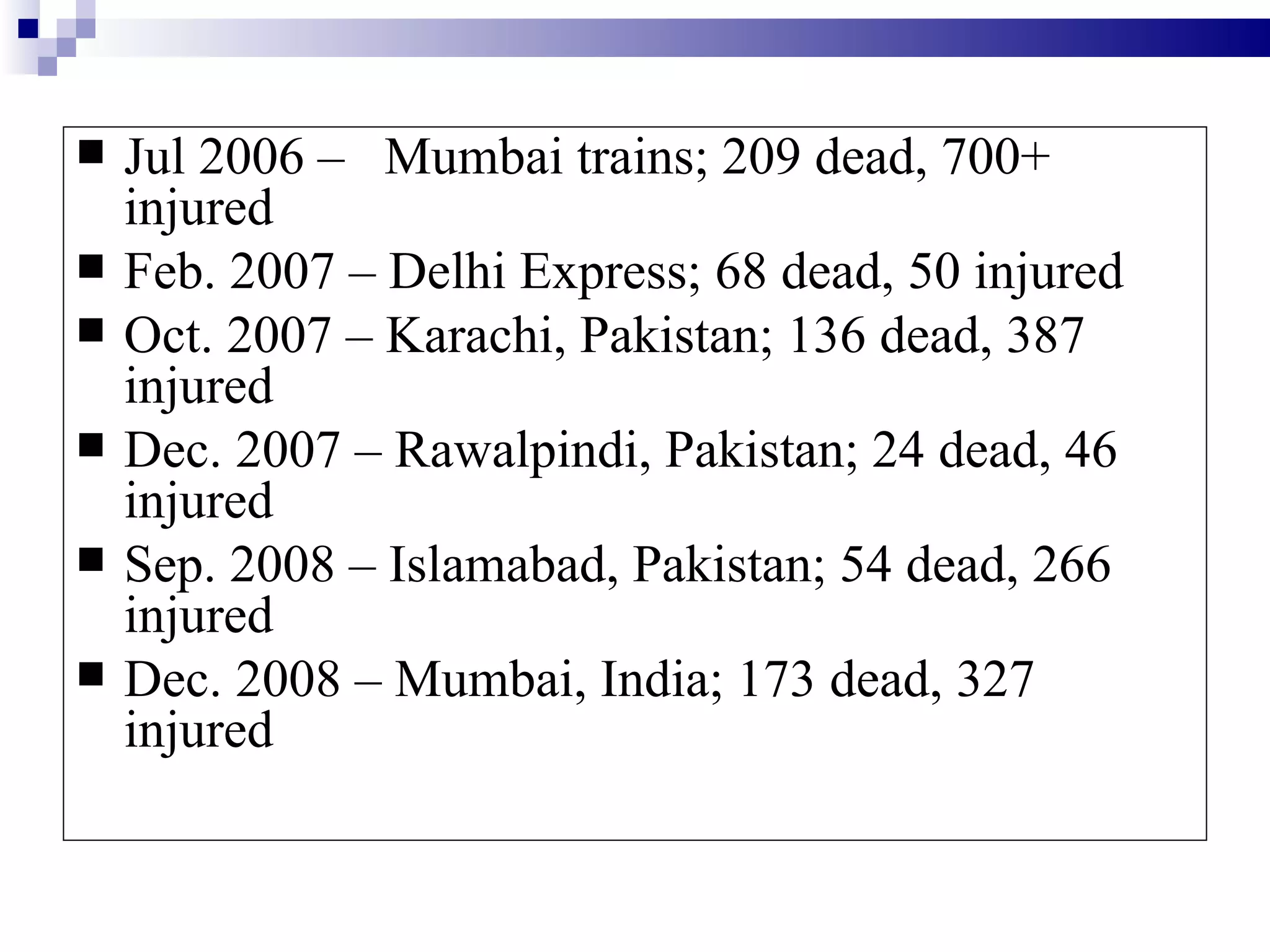    Jul 2006 – Mumbai trains; 209 dead, 700+
    injured
   Feb. 2007 – Delhi Express; 68 dead, 50 injured
   Oct. 2007 – Karachi, Pakistan; 136 dead, 387
    injured
   Dec. 2007 – Rawalpindi, Pakistan; 24 dead, 46
    injured
   Sep. 2008 – Islamabad, Pakistan; 54 dead, 266
    injured
   Dec. 2008 – Mumbai, India; 173 dead, 327
    injured
 