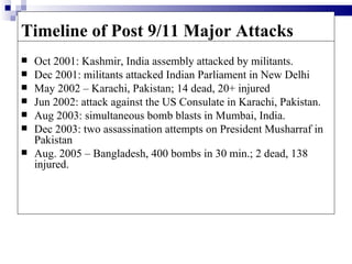 Timeline of Post 9/11 Major Attacks
   Oct 2001: Kashmir, India assembly attacked by militants.
   Dec 2001: militants attacked Indian Parliament in New Delhi
   May 2002 – Karachi, Pakistan; 14 dead, 20+ injured
   Jun 2002: attack against the US Consulate in Karachi, Pakistan.
   Aug 2003: simultaneous bomb blasts in Mumbai, India.
   Dec 2003: two assassination attempts on President Musharraf in
    Pakistan
   Aug. 2005 – Bangladesh, 400 bombs in 30 min.; 2 dead, 138
    injured.
 