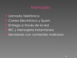 Llamada Telefónica Correo Electrónico y Spam Entrega a través de la red IRC y Mensajería Instantánea Servidores con contenido malicioso 