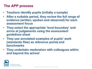 The APP process Teachers identify pupils (initially a sample) After a suitable period, they review the full range of evidence (written, spoken and observed) for each assessment focus They select the appropriate ‘level boundary’ and arrive at judgements using the  assessment guidelines  sheet They use annotated examples of pupils’ work (standards files) as reference points and benchmarks They undertake moderation with colleagues within and beyond the school 