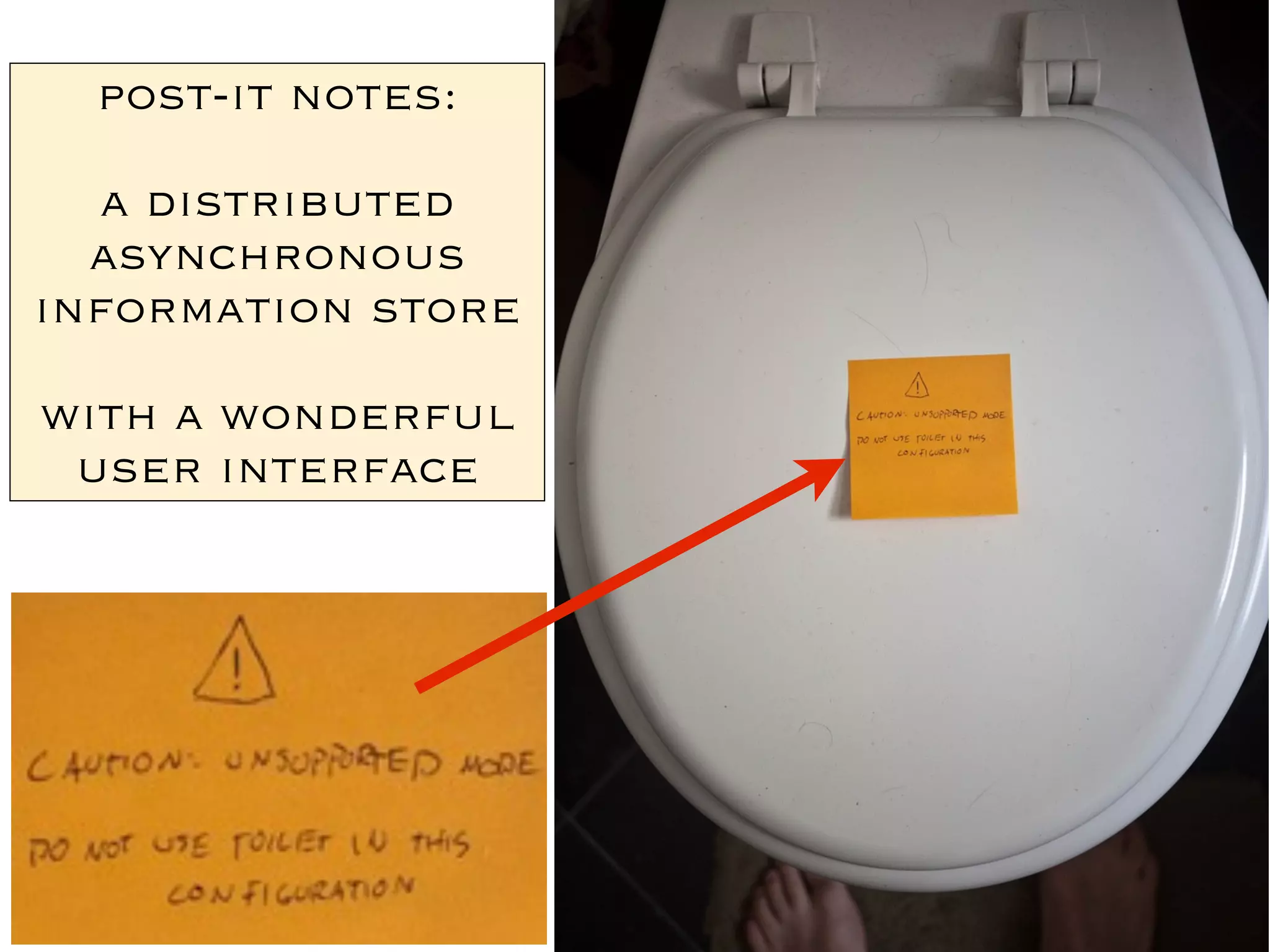 post-it notes:

  a distributed
  asynchronous
information store

with a wonderful
 user interface
 