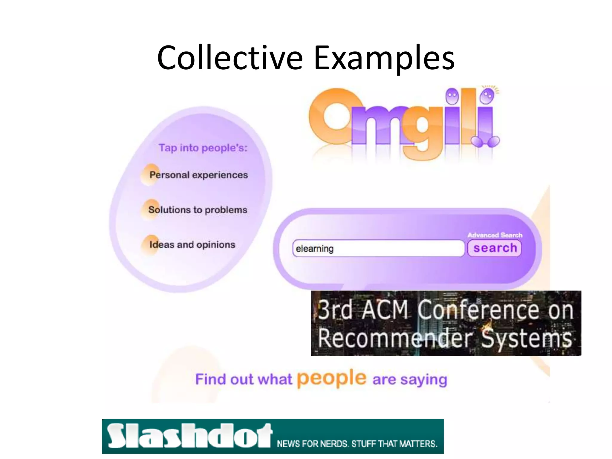       Group	NetworkCollective‘Aggregated other’Unconscious ‘wisdom of crowds’Stigmergic aggregationAlgorithmic rulesAugmentation and annotationMore used, more usefulData MiningNever F2FMetaphor: Wisdom of Crowds40