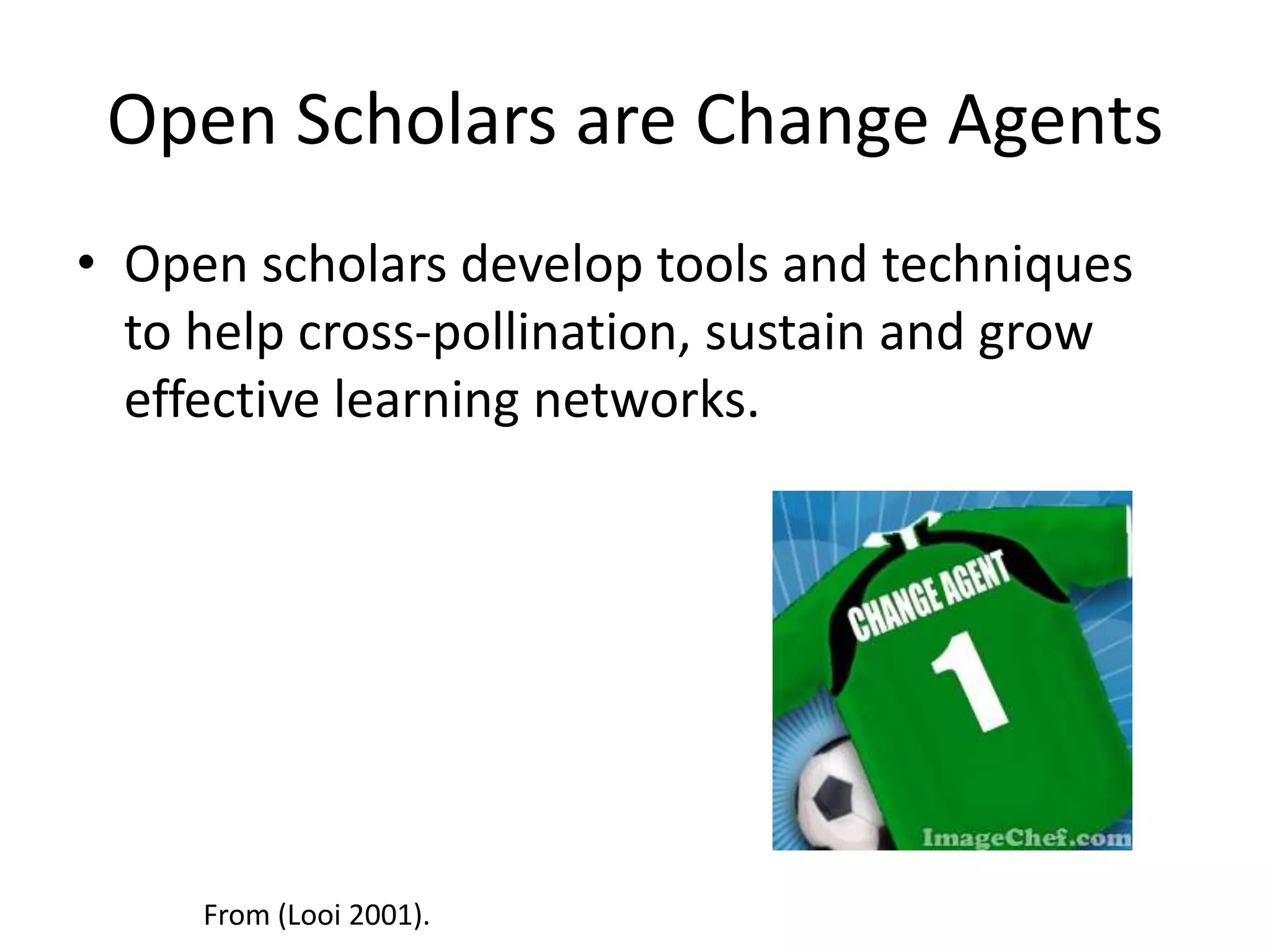 Open Scholars Induce Open StudentsStudents as co-creatorsStudents gaining experience as writers, authors and teachersGetting over the use, but don’t contribute barrierStudents engaged in meaningful workExtensive literature on value of peer instruction - especially for gifted studentsEmpowering learners as future teachers