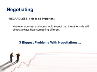 Negotiating
REGARDLESS: This is so important
whatever you say, and you should expect that the other side will
almost always hear something different.
3 Biggest Problems With Negotiations…
 