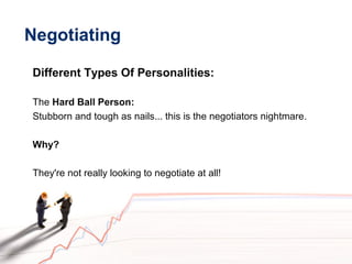 Negotiating
Different Types Of Personalities:
The Hard Ball Person:
Stubborn and tough as nails... this is the negotiators nightmare.
Why?
They're not really looking to negotiate at all!
 