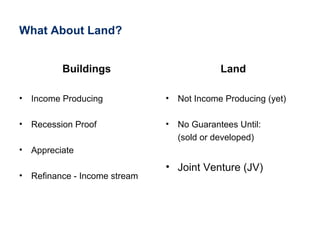 What About Land?
Buildings
• Income Producing
• Recession Proof
• Appreciate
• Refinance - Income stream
Land
• Not Income Producing (yet)
• No Guarantees Until:
(sold or developed)
• Joint Venture (JV)
 
