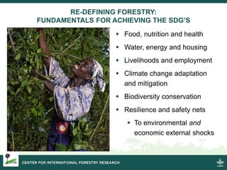 CIFOR/FTA CONTRIBUTIONS TO CBD & AICHI TARGETS
• Bushmeat, sustainable
wildlife management
• Forest restoration
• Integrat...