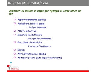 INDICATORI Eurostat/Ocse
Indicatori su prelievi di acqua per tipologia di corpo idrico ed
uso

     Approvvigionamento pubblico
     Agricoltura, foreste, pesca
                  di cui per irrigazione
     Attività estrattive
     Industria manifatturiera
                  di cui per raffreddamento
     Produzione di elettricità
                  di cui per raffreddamento
     Servizi
     Altre attività (ad es. edilizia)
     Abitazioni private (auto-approvvigionamento)
 