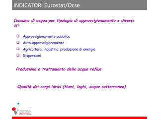 INDICATORI Eurostat/Ocse

Consumo di acqua per tipologia di approvvigionamento e diversi
usi

  Approvvigionamento pubblico
  Auto-approvvigionamento
  Agricoltura, industria, produzione di energia
  Dispersioni


 Produzione e trattamento delle acque reflue



 Qualità dei corpi idrici (fiumi, laghi, acque sotterranee)
 