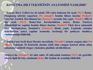 KONUŞMA DİLİ TEKNİĞİNİN ANATOMİSİ NASILDIR?
* İtalyan Hava Yolları’na ait içinde 250 yolcu bulunan bir uçak (Ne?) Roma-
Hongkong seferini yaparken (Ne zaman?) bomba ihbarı üzerine (Neden?)
İstanbul Atatürk Havalimanı’na (Nereye?) zorunlu iniş yaptı. (Nasıl?) MD-11
tipi uçak (Ne?), Roma’dan havalandıktan sonra, Roma Emniyet
Müdürlüğü’ne yapılan bomba ihbarı üzerine (Neden?) Türk hava sahasında
Siirt üzerindeyken, İstanbul’a (Nereye?) dönüş yaptı. Uçaktaki yolcular
indirildikten sonra yapılan aramada, herhangi bir patlayıcı maddeye
rastlanmadığı bildirildi.
* Antalya’nın Serik ilçesi Hacılar mevkiinde (Nerede?) orman yangını çıktı (Ne
oldu?). Yaklaşık 30 hektarlık alanda etkili olan yangını kontrol altına alma
çalışmaları şiddetli rüzgar yüzünden güçlükle sürdürülüyor.
Malatya’da (Nerede?) 62 adet sahte 10 milyonluk banknot (Ne?) ele geçirildi.
Olayla ilgili iki kişi yakalandı.(Kim) Bir kişinin de arandığı bildirildi.
 